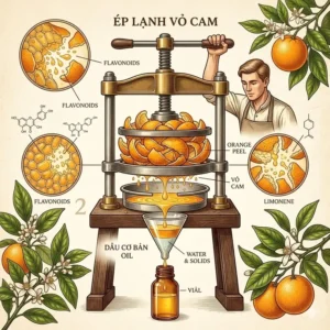 Illustration of orange peels being pressed, showing how citrus fragrant essential oil begins with a cold-press extraction.
