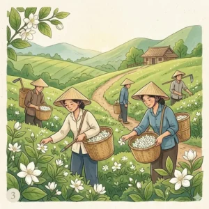 Hand-drawn style of farmers picking jasmine, showing that a fragrant essential oil begins with a sustainable harvest.