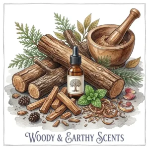 Earthy sandalwood and cedarwood logs illustrating what essential oils smell good for grounding.