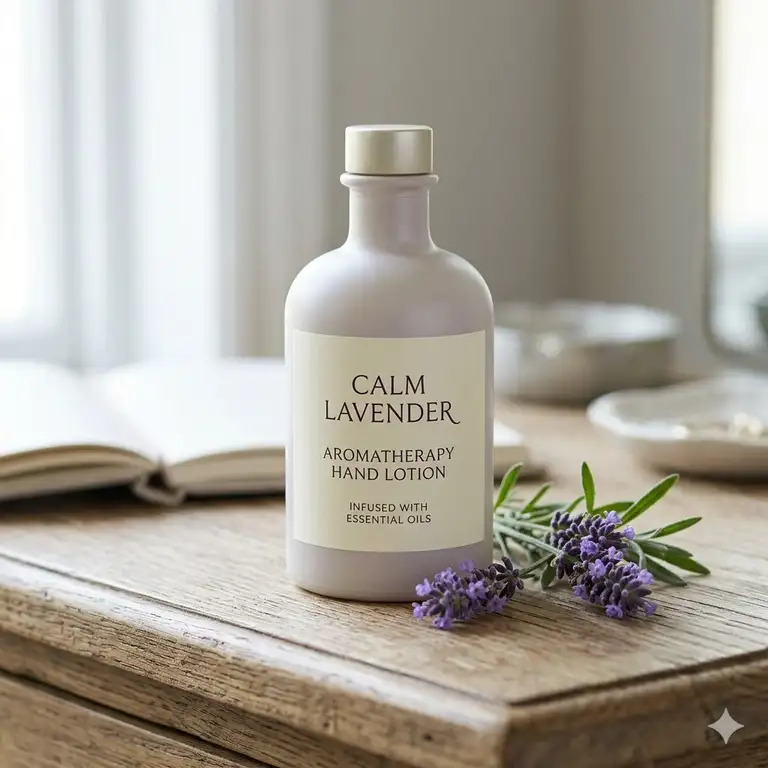 A luxurious bottle of aromatherapy hand lotion placed on a wooden vanity next to fresh lavender sprigs.