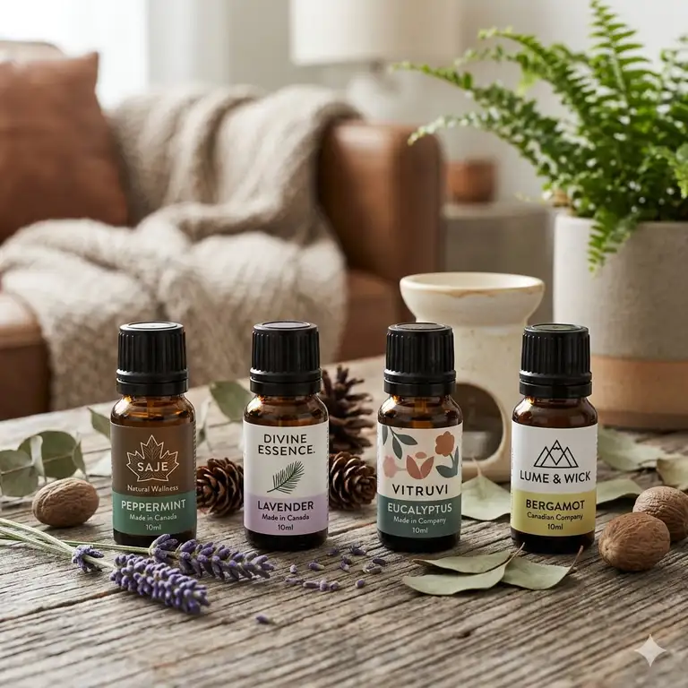 A curated collection of premium aromatherapy products from the best essential oil companies canada arranged on a rustic wooden table.