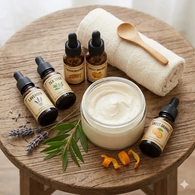A professional flat lay of the best essential oils to add to body lotion arranged on a wooden table.