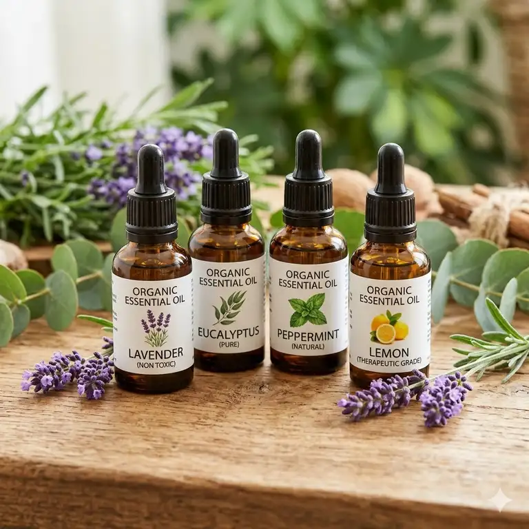 A variety of non toxic essential oils in amber glass bottles surrounded by fresh lavender and green leaves.