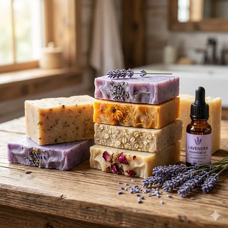 A collection of handmade soap aromatherapy bars with essential oil bottles on a wooden table.