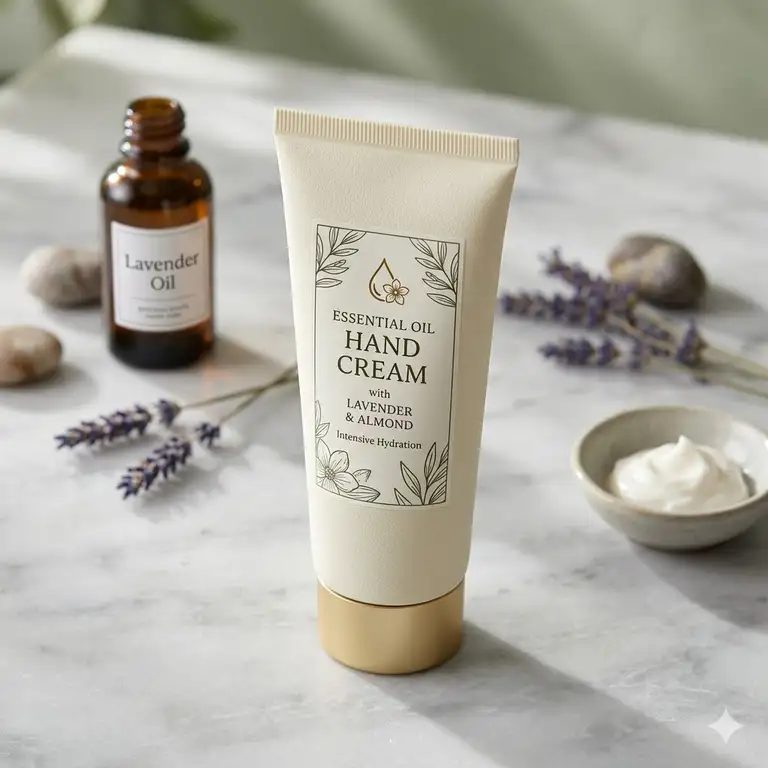 A premium tube of essential oil hand cream on a marble surface with lavender sprigs and a botanical oil bottle.
