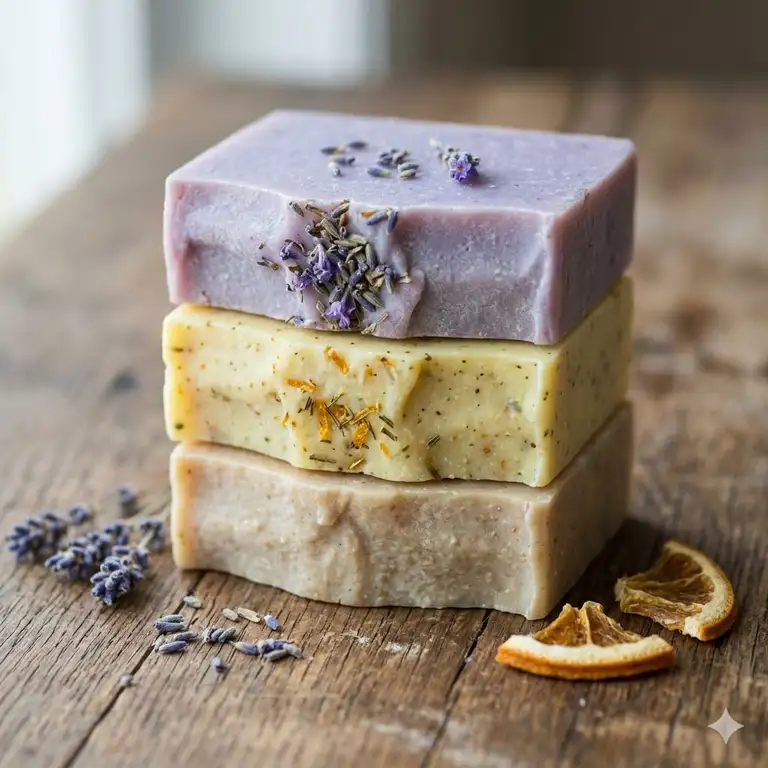 1: A stack of handmade essential oil soap bars with dried lavender and citrus slices on a wooden background.