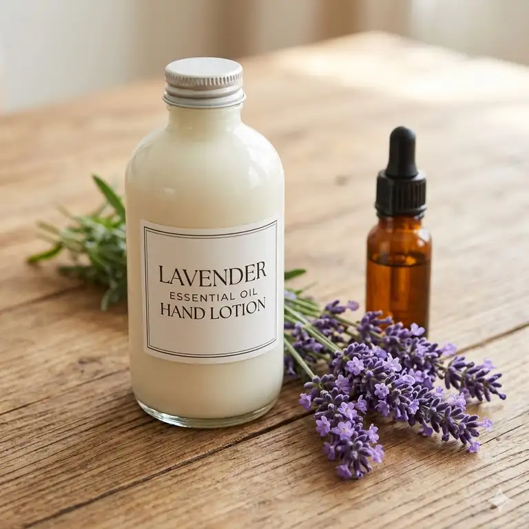 A bottle of lavender essential oil hand lotion on a wooden table.