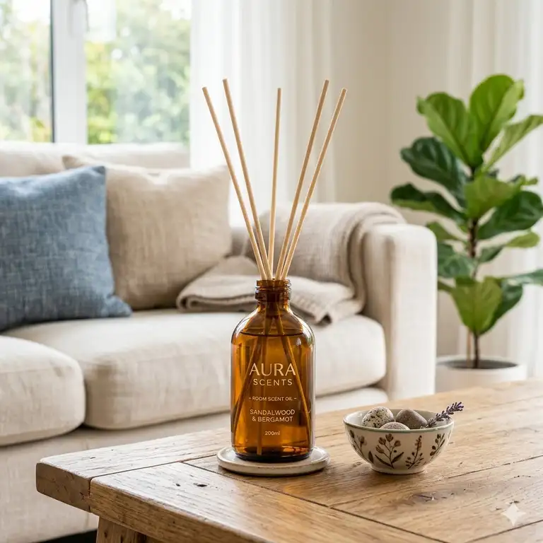 A luxury bottle of room scent oil with wooden reeds on a living room table.