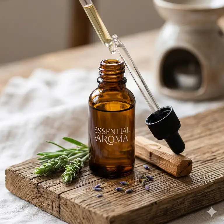 A bottle of premium aroma fragrance oil with a glass dropper on a wooden surface next to fresh lavender.