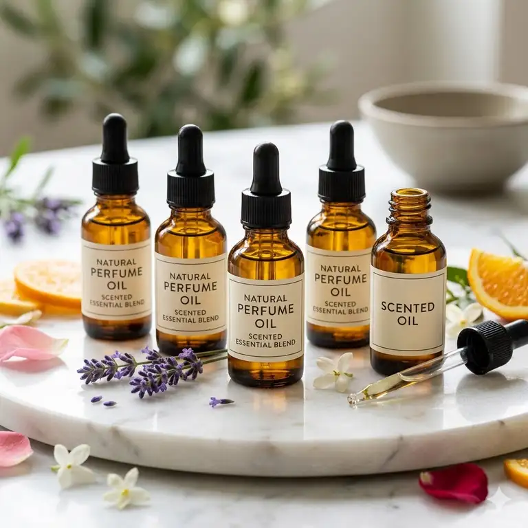A premium collection of perfume scented essential oil bottles on a marble surface.