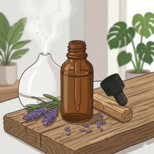 Mist rising from an ultrasonic diffuser using citrus aroma fragrance oil in a modern living room.