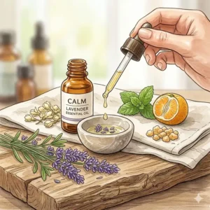 Close-up of essential oil droplets and botanical extracts used in aromatherapy hand lotion.