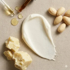 Illustration 1: A smooth swirl of essential oil hand cream texture next to raw shea butter and almond oil ingredients.