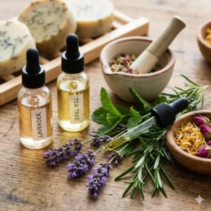 2: Fresh herbs and glass droppers of pure oils used for making natural essential oil soap.