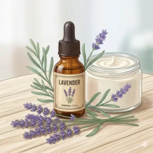An illustration of lavender being used as one of the best essential oils to add to body lotion for relaxation.
