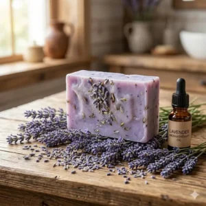 A calming lavender soap aromatherapy bar placed next to fresh purple flowers.