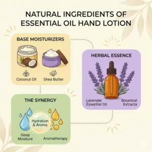 Natural ingredients used to create a moisturizing essential oil hand lotion.