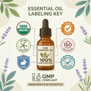 Illustration of an essential oil bottle label highlighting organic and non toxic essential oils certifications for consumer safety.