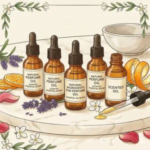 Hand-drawn illustration of botanical ingredients for perfume scented essential oil.