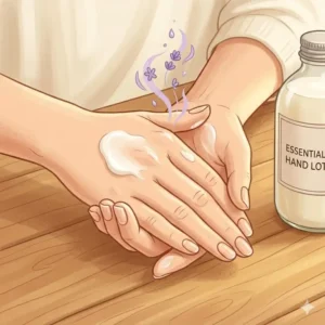 Close up of hands applying essential oil hand lotion for skin hydration.