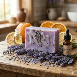 Refreshing citrus soap aromatherapy slices with orange and lemon garnishes.