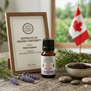 Organic ECOCERT certifications displayed next to Divine Essence bottles, one of the best essential oil companies canada.