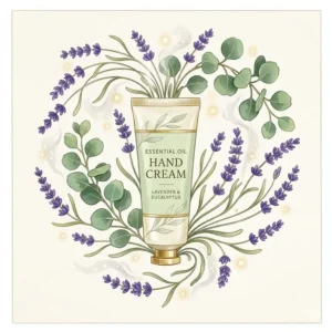 Illustration 2: An artistic botanical drawing of essential oil hand cream surrounded by fresh lavender and eucalyptus leaves.