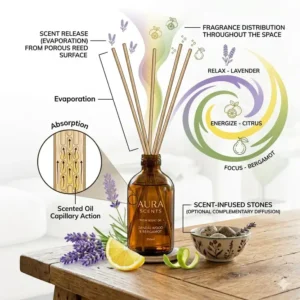 A technical diagram showing the evaporation process of room scent oil through reeds.