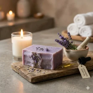 3: A bar of purple lavender essential oil soap sitting next to a lit candle in a spa setting.