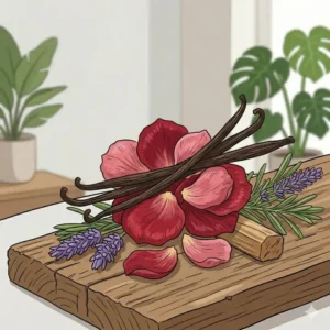 An illustration of rose petals and vanilla beans representing natural aroma fragrance oil scents.