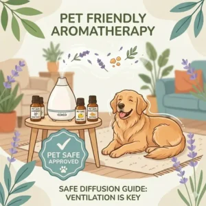 Illustration of a home diffuser using non toxic essential oils safe for dogs and cats in a well-ventilated room.