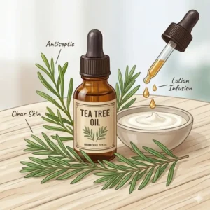 A descriptive graphic showing why tea tree is among the best essential oils to add to body lotion for clear skin.