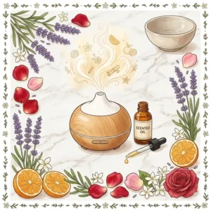 An ultrasonic diffuser releasing a fine mist of perfume scented essential oil.