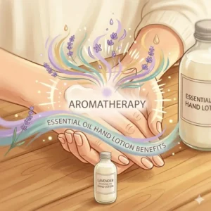 A graphic illustrating the aromatherapy benefits of essential oil hand lotion.