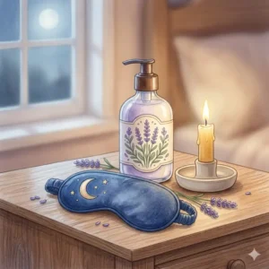 Calming aromatherapy hand lotion sitting on a nightstand next to a sleep mask and candle.