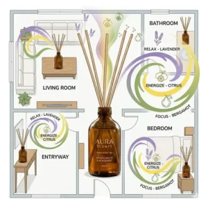 A home floor plan showing the ideal locations for placing room scent oil diffusers.