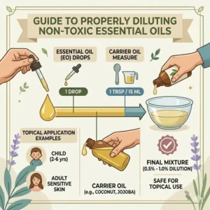 A dilution chart showing how to mix non toxic essential oils with carrier oils for safe topical application.