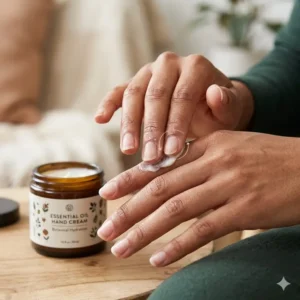 Illustration 3: Close-up of hands applying essential oil hand cream to cuticles for intense hydration and skin repair.