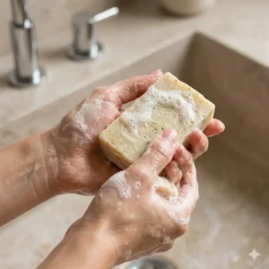 4: A person washing their hands with creamy lather from a moisturizing essential oil soap bar.
