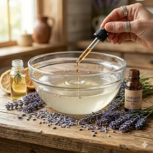 A close-up of a person adding essential oils to a natural soap aromatherapy base.