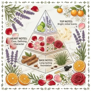 A detailed fragrance pyramid showing the layers of a perfume scented essential oil.