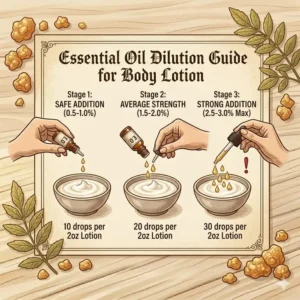 An educational dilution guide showing how to use the best essential oils to add to body lotion safely.