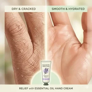 Illustration 4: A comparison showing the healing effects of essential oil hand cream on dry cracked skin versus hydrated skin.