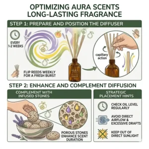 Visual instructions on how to flip reeds to maintain the room scent oil fragrance.