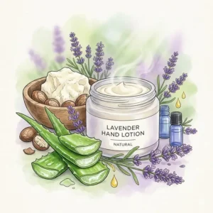 Raw shea butter and aloe vera leaves surrounding a tube of organic aromatherapy hand lotion.