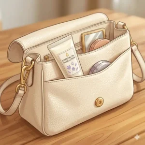 A travel sized tube of essential oil hand lotion inside a white handbag.