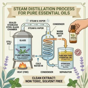 Diagram of the steam distillation process used to create pure and non toxic essential oils from botanical sources.