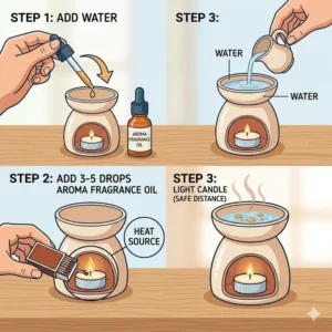 A calming illustration of a person meditating with icons representing the soothing effects of aroma fragrance oil.