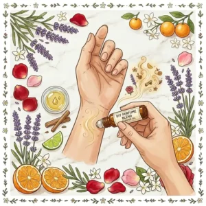 Applying a DIY rollerball blend of perfume scented essential oil to the wrist.
