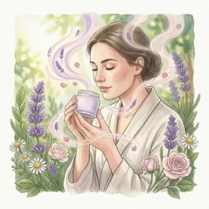 An illustration of a woman inhaling the scent of aromatherapy hand lotion to promote relaxation.